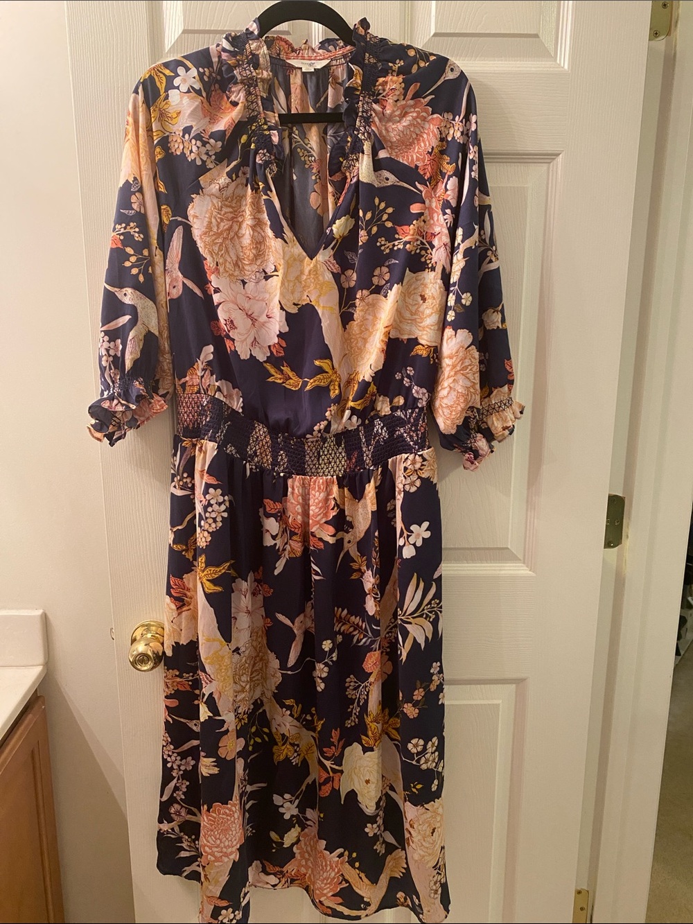 Terra & Sky Navy Floral Midi Dress with Smocked Waist